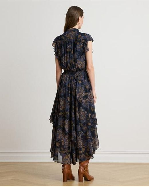 Ralph Lauren Black Floral Crinkle Georgette Tie-Neck Dress
