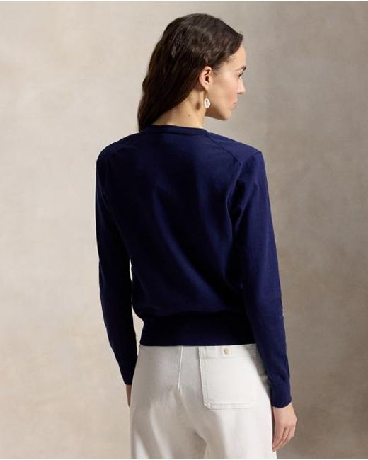 Polo Ralph Lauren Blue Stretch Cotton-Blend Crewneck Cardigan