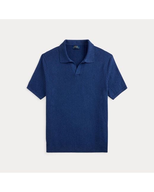 Polo Ralph Lauren Blue Rib-Knit Cotton Johnny-Collar Polo Shirt for men