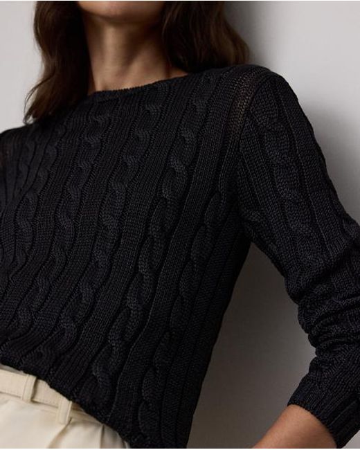 Ralph Lauren Black Cable-Knit Silk Crewneck Sweater