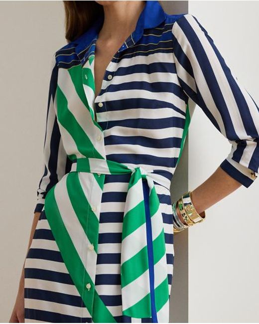 Ralph Lauren Green Striped Crepe Shirtdress