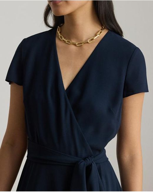 Ralph Lauren Blue Belted Georgette Surplice Dress