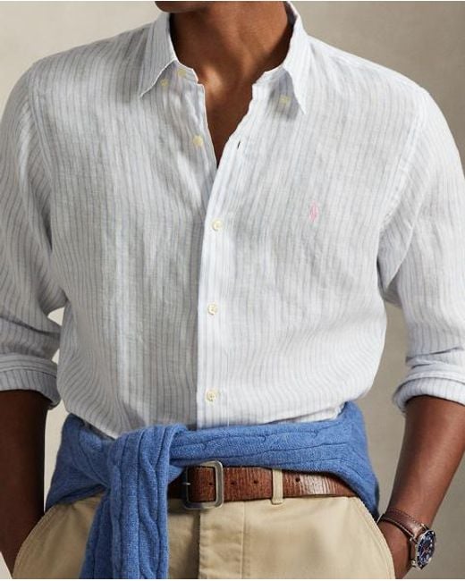 Polo Ralph Lauren White Slim Fit Striped Linen Shirt for men