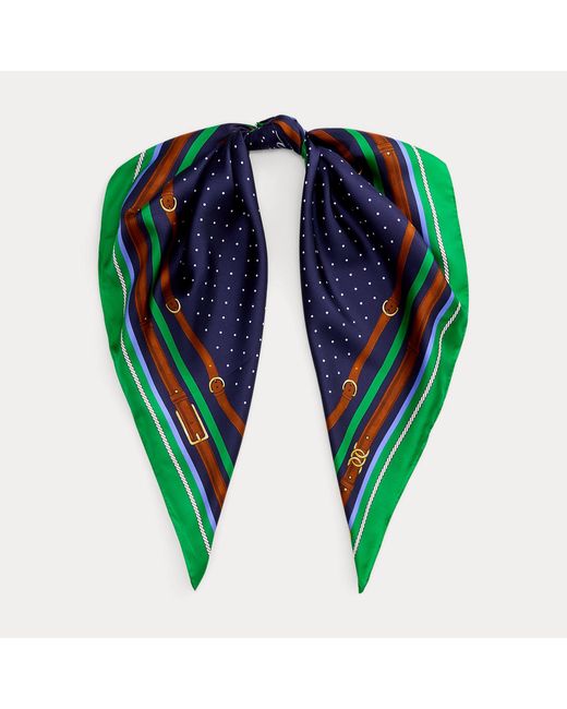 Ralph Lauren Green Belting-Print & Polka-Dot Square Scarf