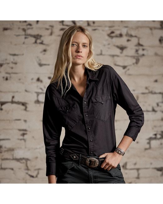 RRL Black Cotton Twill Western Shirt