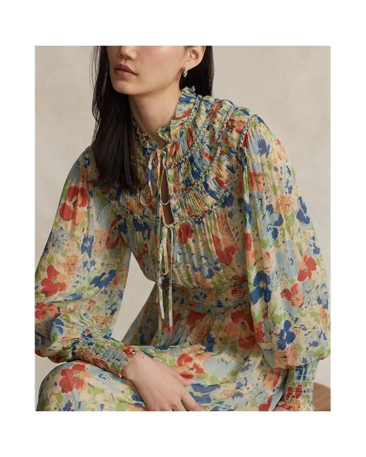 Polo Ralph Lauren Green Florales Kleid aus Knittergeorgette