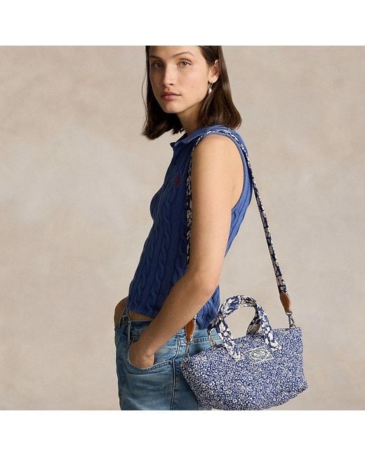 Ralph Lauren Blue Quilted Floral Cotton Small Tote