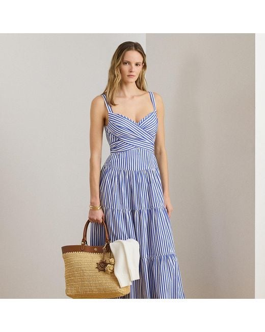 Ralph Lauren Blue Striped Cotton Broadcloth Tiered Dress