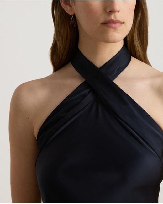 Ralph Lauren Blue Charmeuse Tie-Back Halter Cocktail Dress