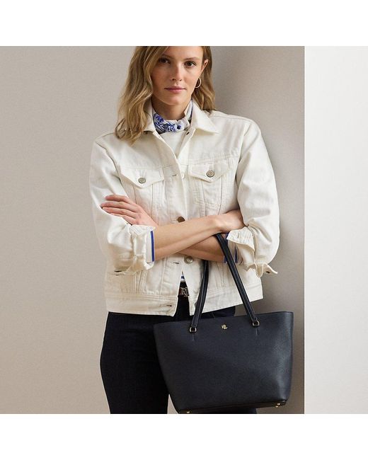 Ralph Lauren Blue Schraffierte Ledertragetasche Karly