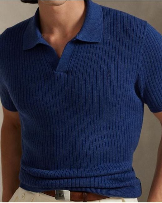 Polo Ralph Lauren Blue Rib-Knit Cotton Johnny-Collar Polo Shirt for men