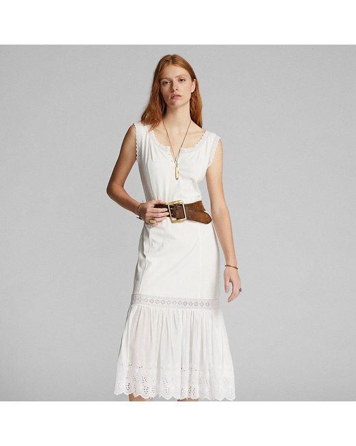 RRL White Baumwoll-Leinen-Kleid mit Lochstickerei