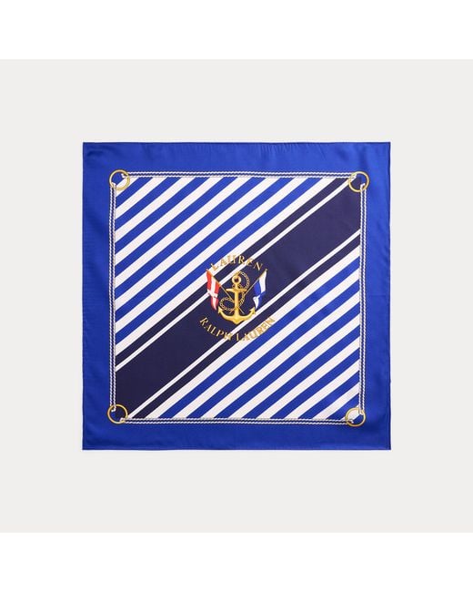 Ralph Lauren Blue Striped Anchor-Crest Silk Square Scarf