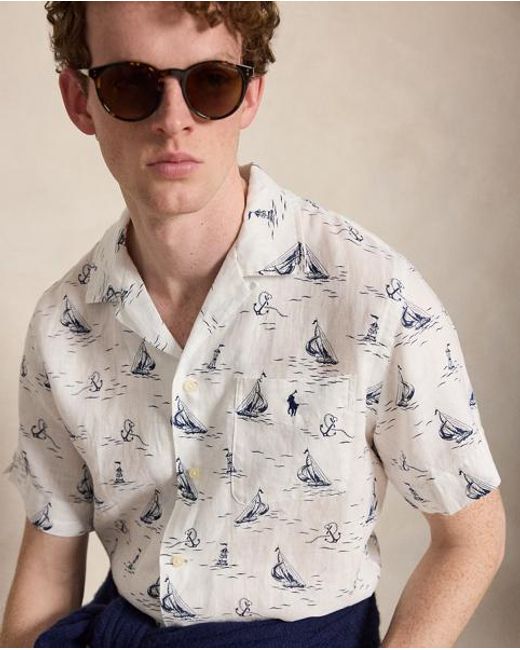 Polo Ralph Lauren White Classic Fit Nautical-Print Linen Shirt for men