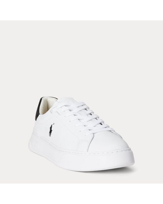 Ralph Lauren White Rlite Court Tumbled Leather Trainer for men