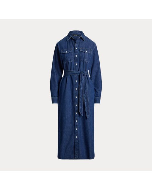 Ralph Lauren Blue Belted Denim Midi Shirtdress