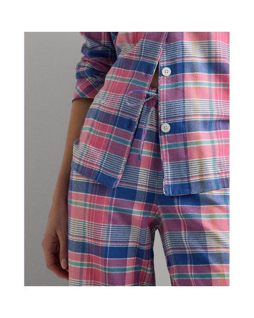 Lauren by Ralph Lauren Geruite Geborstelde Keperstof Pyjamaset in het Blue