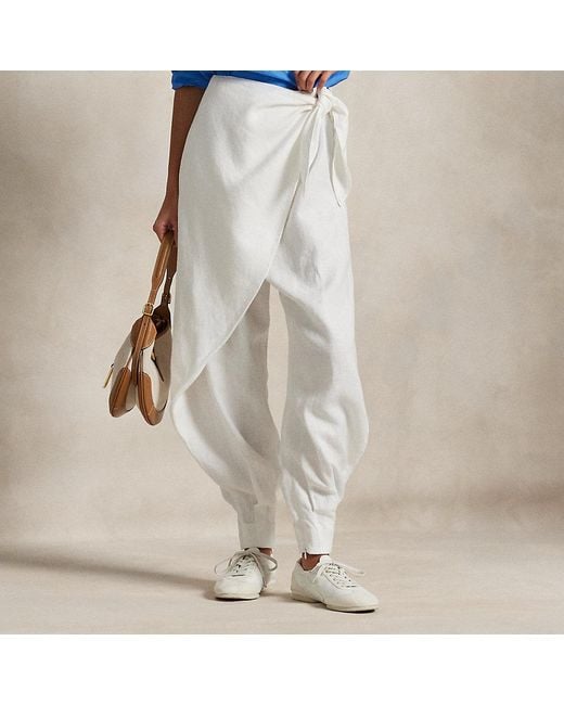 Polo Ralph Lauren White Linen Wide-Leg Tapered Wrap Trouser