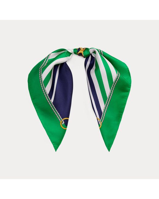 Ralph Lauren Green Striped Anchor-Crest Silk Square Scarf