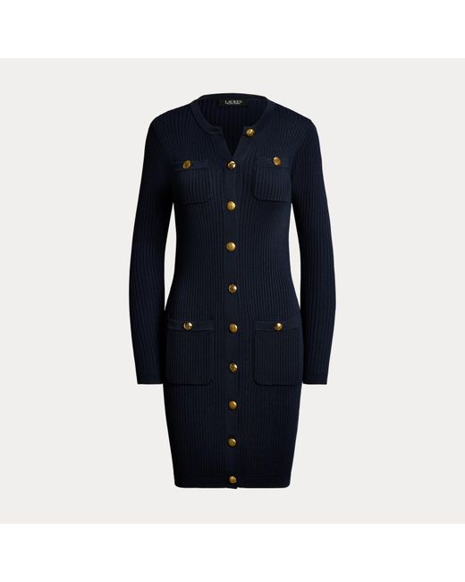 Ralph Lauren Blue Button-Trim Rib-Knit Jumper Dress