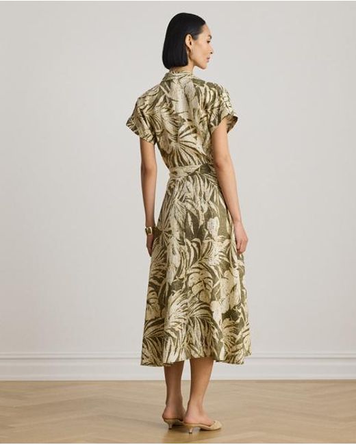 Ralph Lauren Metallic Palm-Frond-Print Linen Camp Shirtdress