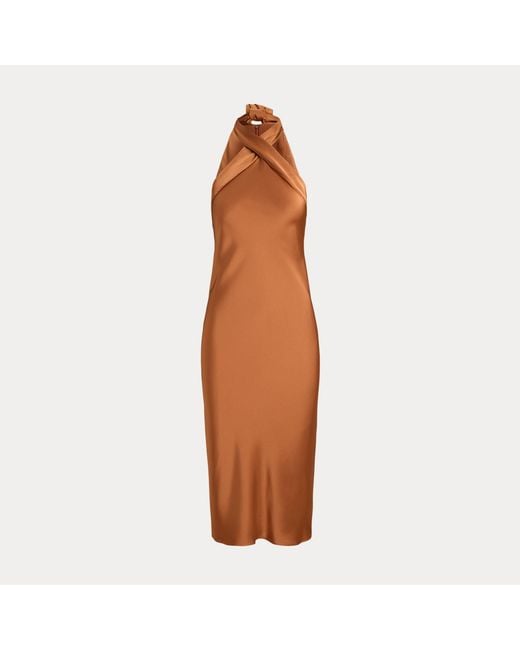 Ralph Lauren Brown Charmeuse Tie-Back Halter Cocktail Dress