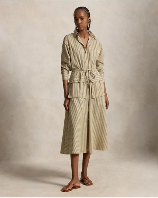 Ralph Lauren Natural Striped Cotton Canvas Utility Shirtdress