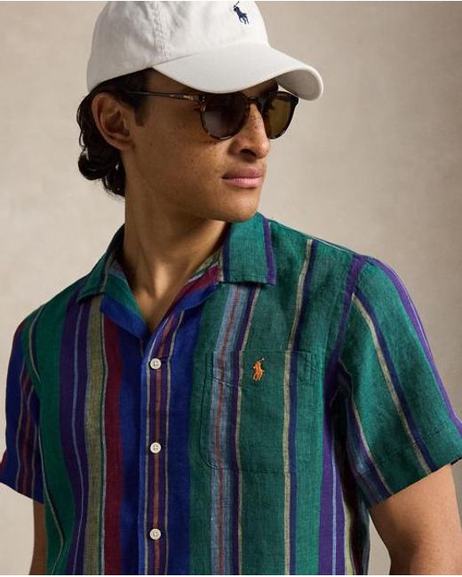 Polo Ralph Lauren Blue Classic Fit Striped Linen Camp Shirt for men
