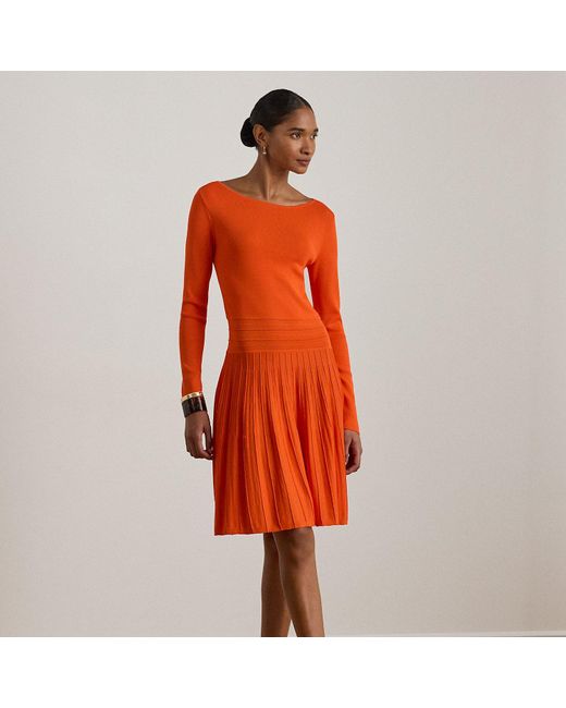 Ralph Lauren Red Pleated Fit-And-Flare Boatneck Dress