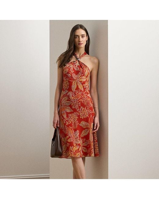 Ralph Lauren Red Geblümtes Neckholder-Kleid Aus Georgette