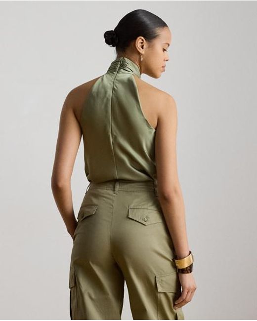 Ralph Lauren Green Twist-Front Charmeuse Halter Blouse