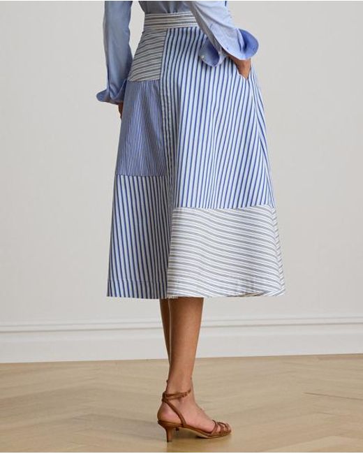 Ralph Lauren Blue Patchwork-Striped Broadcloth Midi Skirt