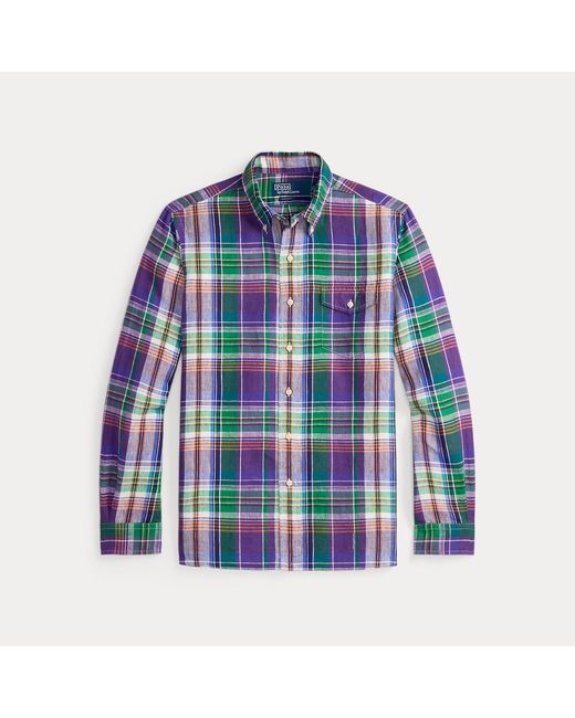 Polo Ralph Lauren Blue Classic Fit Plaid Linen Shirt for men