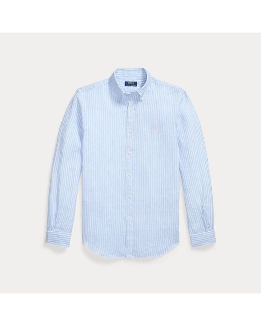 Polo Ralph Lauren Blue Custom Fit Striped Linen Shirt for men