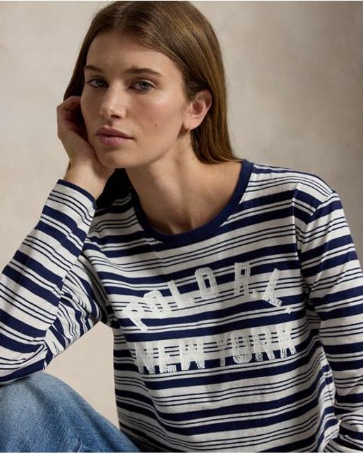 Polo Ralph Lauren Blue Logo Striped Jersey Long-Sleeve Tee