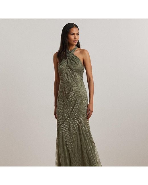 Ralph Lauren Green Beaded Mesh Sleeveless Halter Gown