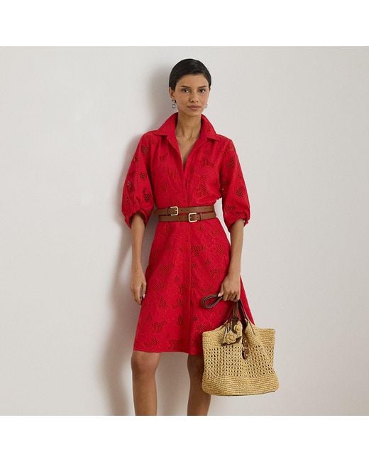Ralph Lauren Red Eyelet Voile Balloon-Sleeve Shirtdress