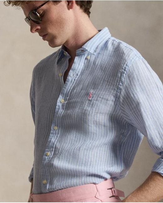 Polo Ralph Lauren Blue Slim Fit Striped Linen Shirt for men