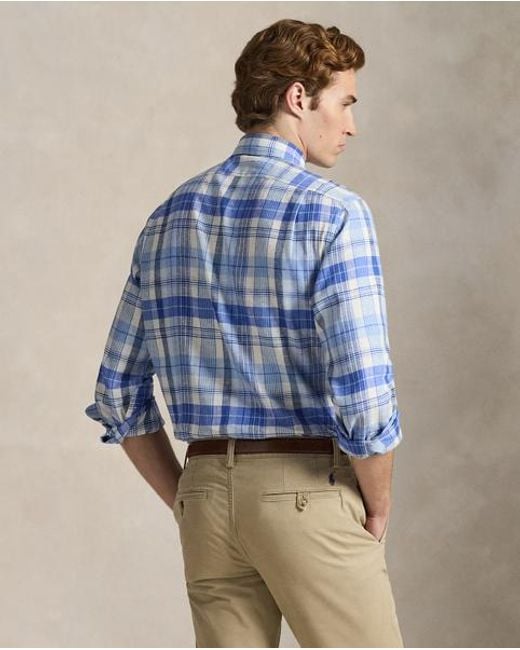 Polo Ralph Lauren Blue Custom Fit Plaid Linen-Blend Shirt for men