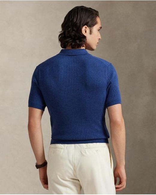 Polo Ralph Lauren Blue Rib-Knit Cotton Johnny-Collar Polo Shirt for men