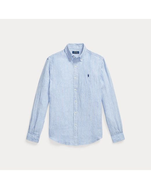 Polo Ralph Lauren Blue Custom Fit Striped Linen Shirt for men
