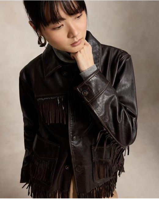 Polo Ralph Lauren Black Fringe-Trim Leather Shirt