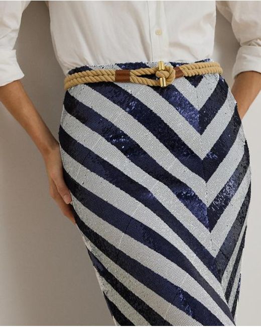 Ralph Lauren Blue Striped Sequined Pencil Midi Skirt