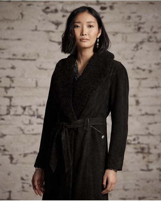 RRL Black Shearling-Collar Suede Wrap Coat