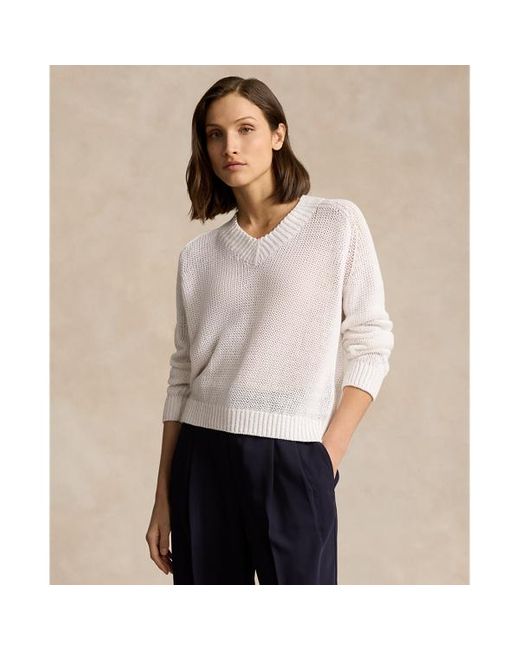 Polo Ralph Lauren White Linen-cotton V-neck Sweater