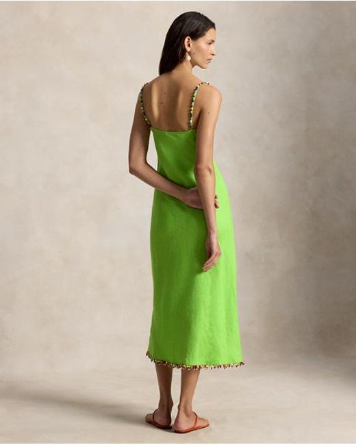 Polo Ralph Lauren Green Beaded-Trim Linen Slip Dress