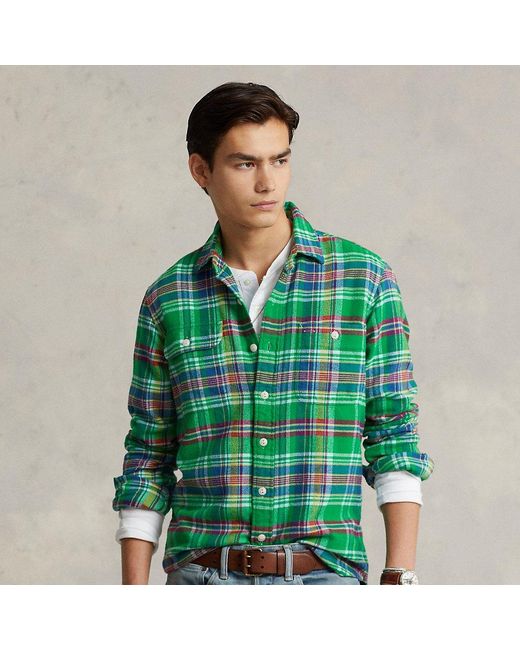 Polo Ralph Lauren Classic Fit Plaid Flannel Workshirt in Green for Men