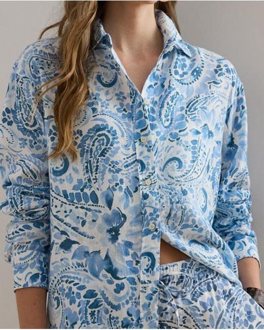 Ralph Lauren Blue Relaxed Fit Paisley Linen Shirt