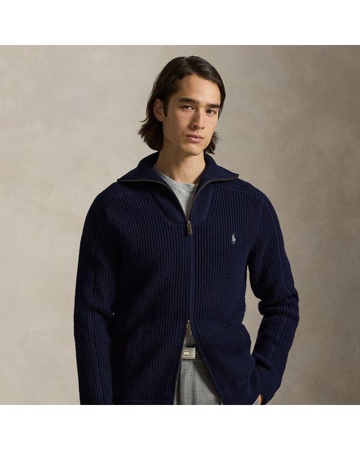 Polo Ralph Lauren Blue Waffle-Knit Wool-Cotton Full-Zip Jumper for men