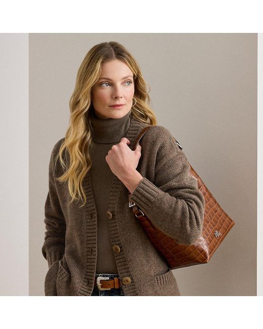 Cardigan in misto lana con scollo a V di Ralph Lauren in Brown